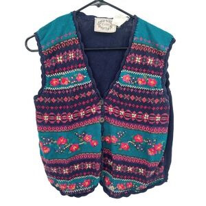 Vintage Fair Isle Floral Sweater Vest M Navy Cottagecore Grandmacore Academia